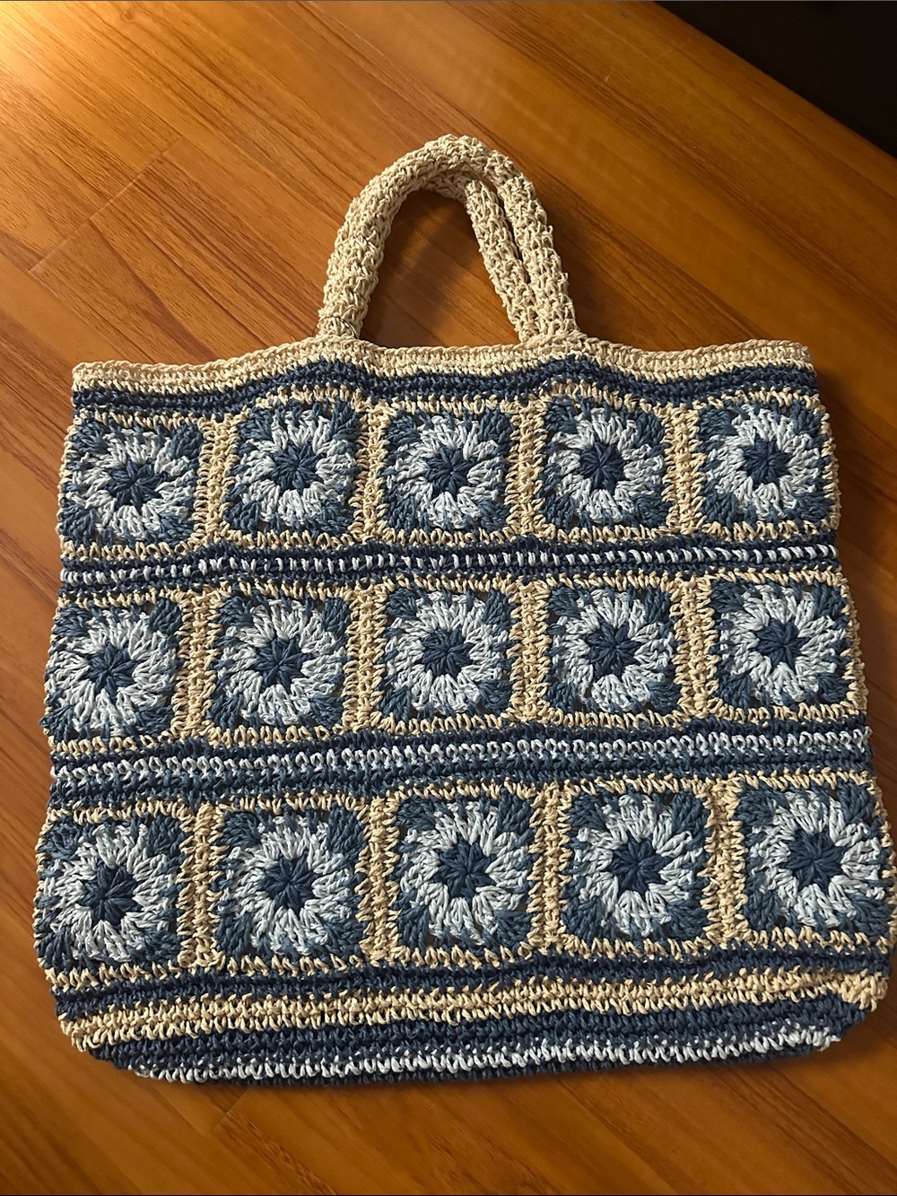 Lucky Brand Crochet Tote Bag in Blue and Cream